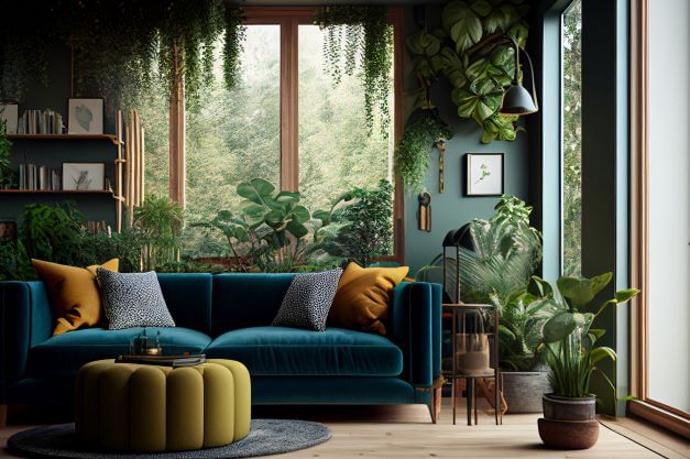 A living room filled with plants