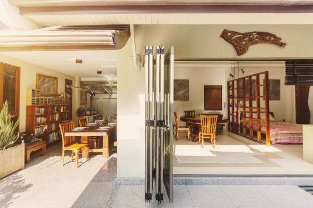 open dining room with folding doors