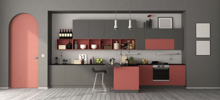 kitchen with frameless arched door