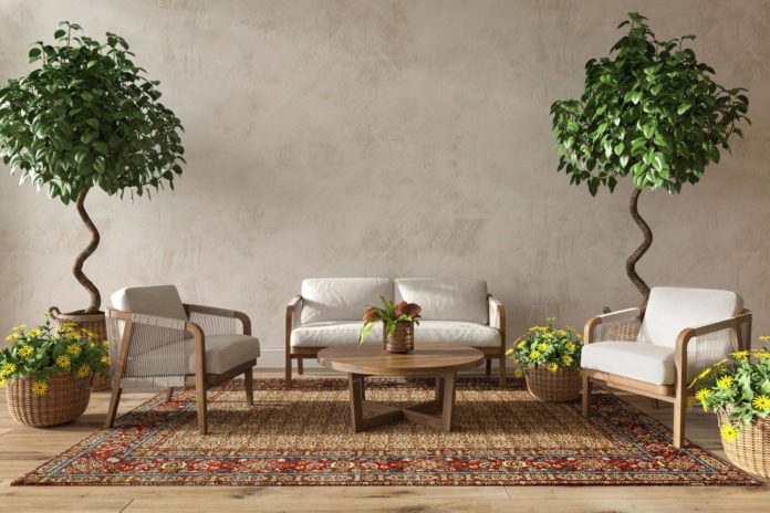 Scandinavian farmhouse style beige living room interior with natural plants