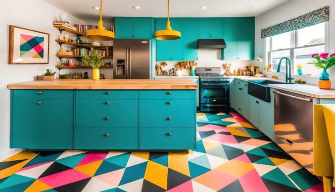 Colourful kitchen with yellow pendant lights