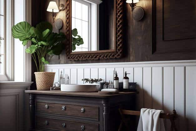 Upcycled bathroom cabinet and mirror in dark brown