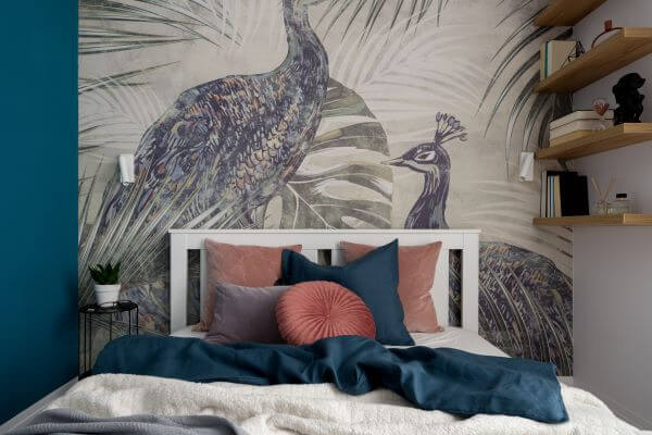 Great Colour Ideas To Transform Your Bedroom 2 A bedroom wall with peacock wallpaper