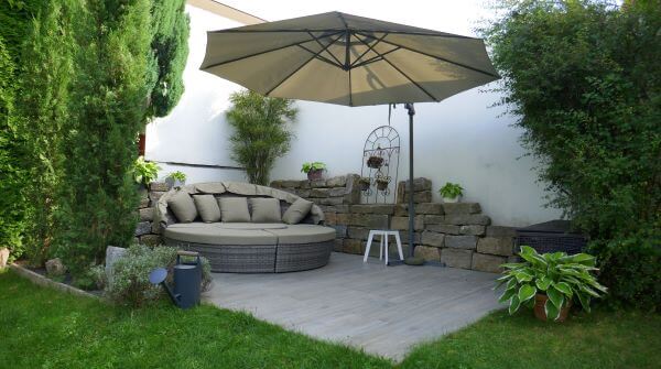 A shaded area with a parasol or canopy