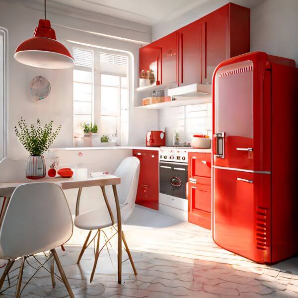 Dining table inside a bright red kitchen