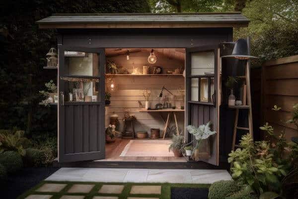 8 Fantastic Paint Colours For Your Garden Shed 8 A dark black shed with a light inside