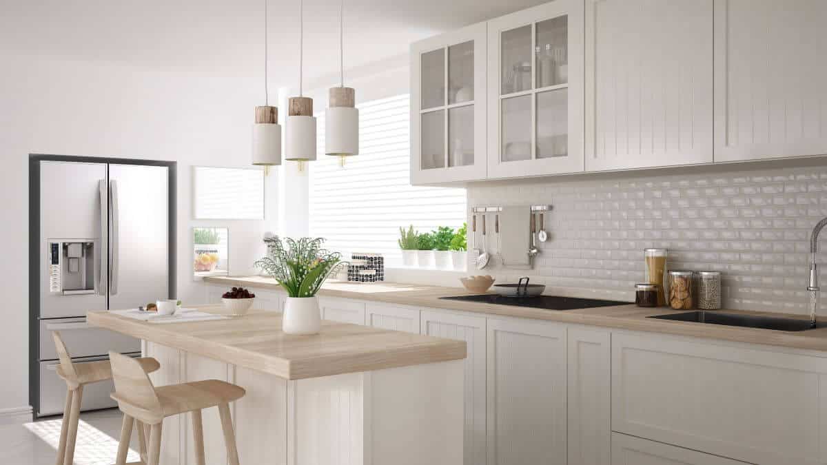 Scandinavian classic kitchen with wooden and white details minimalistic interior design