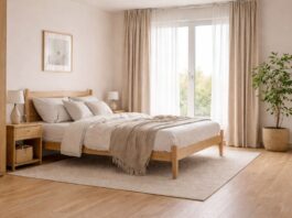Scandinavian-style small double bedroom with oak bed frame, neutral bedding and light-filled minimalist design