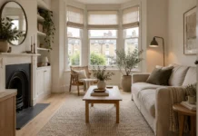 Scandinavian-style living room with a linen sofa, oak furniture and a bay window.