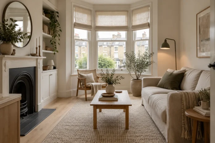 Scandinavian living room — Design Juices concept Scandinavian-style living room with a linen sofa, oak furniture and a bay window.