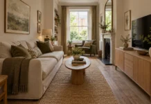 Long narrow living room with a wall sofa, shallow storage and a clear route beside the seating.