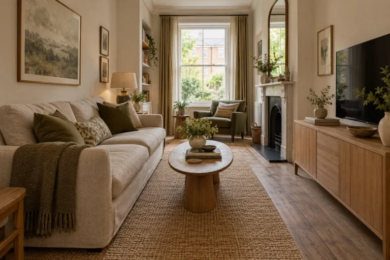 Long narrow living room with a wall sofa, shallow storage and a clear route beside the seating.