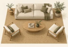 Illustration of a large woven rug supporting a sofa and two chairs around a coffee table.