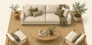 What Size Rug Do You Need? A Living Room Measuring Guide Illustration of a large woven rug supporting a sofa and two chairs around a coffee table.
