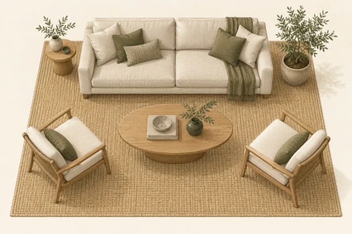 03-rug-placement-editorial Illustration of a large woven rug supporting a sofa and two chairs around a coffee table.