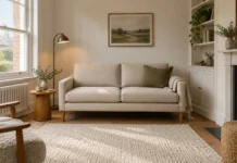 Compact linen sofa with slender arms and oak legs in a small neutral living room.