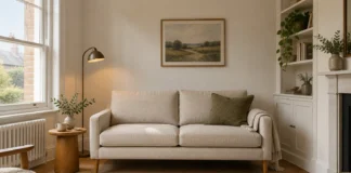 How to Choose the Right Sofa Size for a Small Living Room Compact linen sofa with slender arms and oak legs in a small neutral living room.