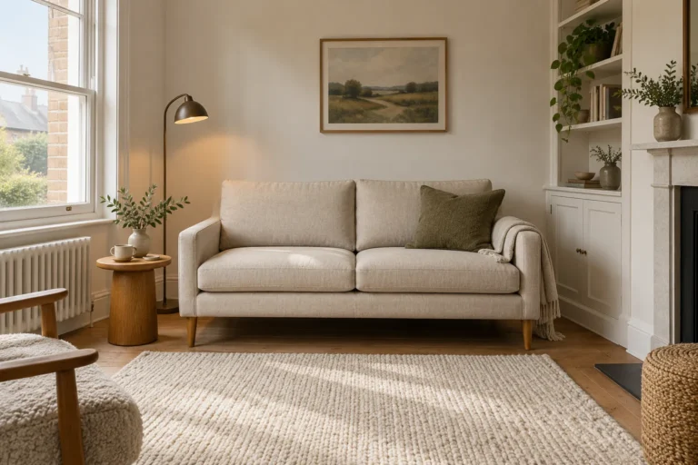 Compact linen sofa with slender arms and oak legs in a small neutral living room.