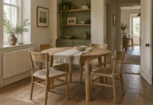 Round oak dining table with four woven-seat chairs in an ivory and olive dining room.
