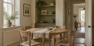 Round or Rectangular Dining Table: Which Fits Your Room? Round oak dining table with four woven-seat chairs in an ivory and olive dining room.