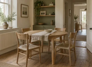 Round oak dining table with four woven-seat chairs in an ivory and olive dining room.