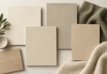 Warm neutral paint sample boards with olive linen, pale wood and cream textured fabric.