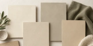 Paint Colours for North-Facing Living Rooms: Choosing Warm Neutrals Warm neutral paint sample boards with olive linen, pale wood and cream textured fabric.