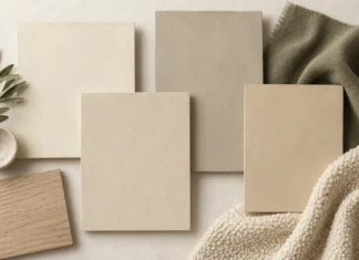 Warm neutral paint sample boards with olive linen, pale wood and cream textured fabric.