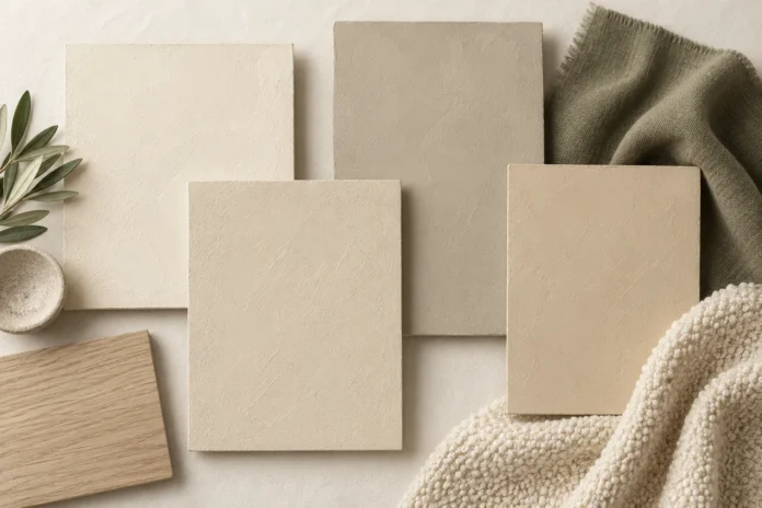 06-warm-neutral-palette Warm neutral paint sample boards with olive linen, pale wood and cream textured fabric.