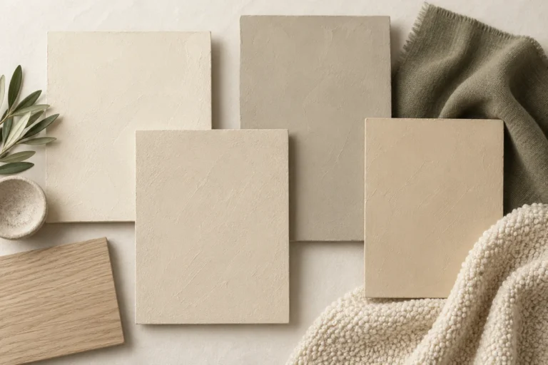 Warm neutral paint sample boards with olive linen, pale wood and cream textured fabric.