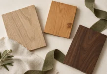 Contrasting pale, honey and dark wood samples arranged with ivory linen and olive fabric.