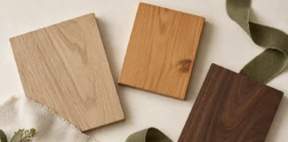 How to Mix Wood Tones Without Making a Room Feel Mismatched Contrasting pale, honey and dark wood samples arranged with ivory linen and olive fabric.