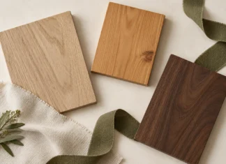 Contrasting pale, honey and dark wood samples arranged with ivory linen and olive fabric.