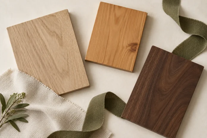 07-mixing-wood-tones Contrasting pale, honey and dark wood samples arranged with ivory linen and olive fabric.