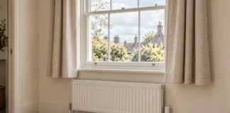 Curtains Above Radiators: Choosing the Right Length and Layout Short linen curtains ending above a white radiator, leaving the heater and valve uncovered.