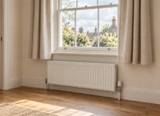 Short linen curtains ending above a white radiator, leaving the heater and valve uncovered.