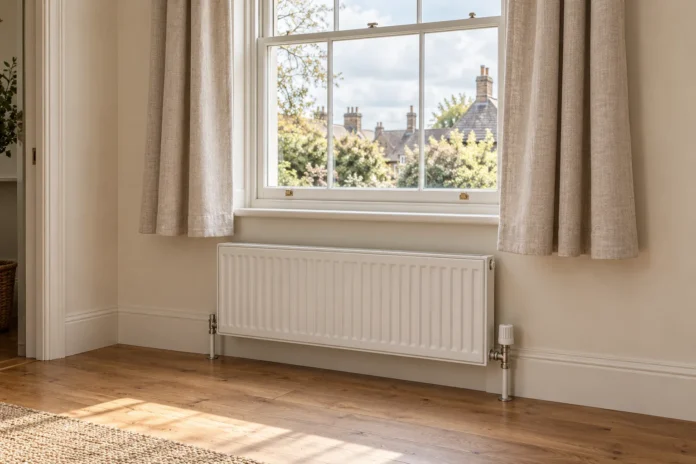 08-curtains-radiator Short linen curtains ending above a white radiator, leaving the heater and valve uncovered.