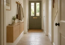 Shallow oak shoe storage and coat hooks beside a clear hallway route and olive front door.