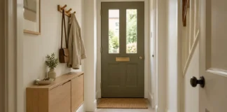 Narrow Hallway Storage: Planning Space for Shoes, Coats and Everyday Clutter Shallow oak shoe storage and coat hooks beside a clear hallway route and olive front door.