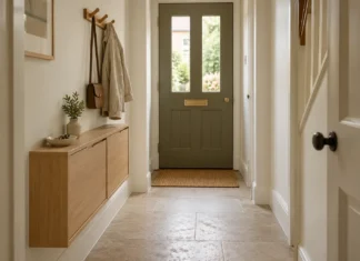 Shallow oak shoe storage and coat hooks beside a clear hallway route and olive front door.