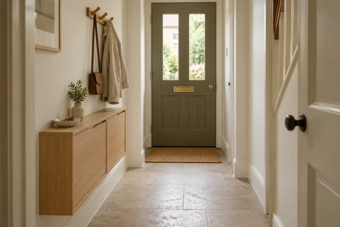 09-narrow-hall-storage Shallow oak shoe storage and coat hooks beside a clear hallway route and olive front door.