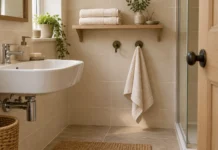 Towel Storage for Small Bathrooms: Practical Ideas Without Crowding the Room Folded clean towels on an oak bathroom shelf, with a separate towel hanging from a wall hook.