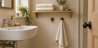 Towel Storage for Small Bathrooms: Practical Ideas Without Crowding the Room Folded clean towels on an oak bathroom shelf, with a separate towel hanging from a wall hook.