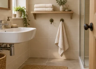 Towel Storage for Small Bathrooms: Practical Ideas Without Crowding the Room Folded clean towels on an oak bathroom shelf, with a separate towel hanging from a wall hook.
