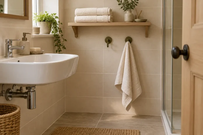 Folded clean towels on an oak bathroom shelf, with a separate towel hanging from a wall hook.