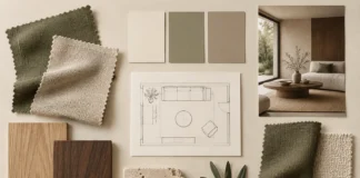 How to Make an Interior Design Moodboard That Helps You Decide Flat lay of olive and oatmeal fabric, wood samples, painted cards and a simple room plan.