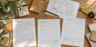 How to Compare Renovation Quotes: A Checklist Before You Choose Three sets of renovation paperwork, a room sketch and material samples arranged on an oak table.