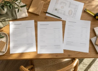 How to Compare Renovation Quotes: A Checklist Before You Choose Three sets of renovation paperwork, a room sketch and material samples arranged on an oak table.