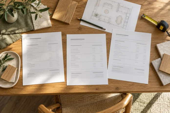 Three sets of renovation paperwork, a room sketch and material samples arranged on an oak table.