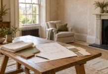Imagined period sitting room with a planning table, material samples and pale plaster walls.